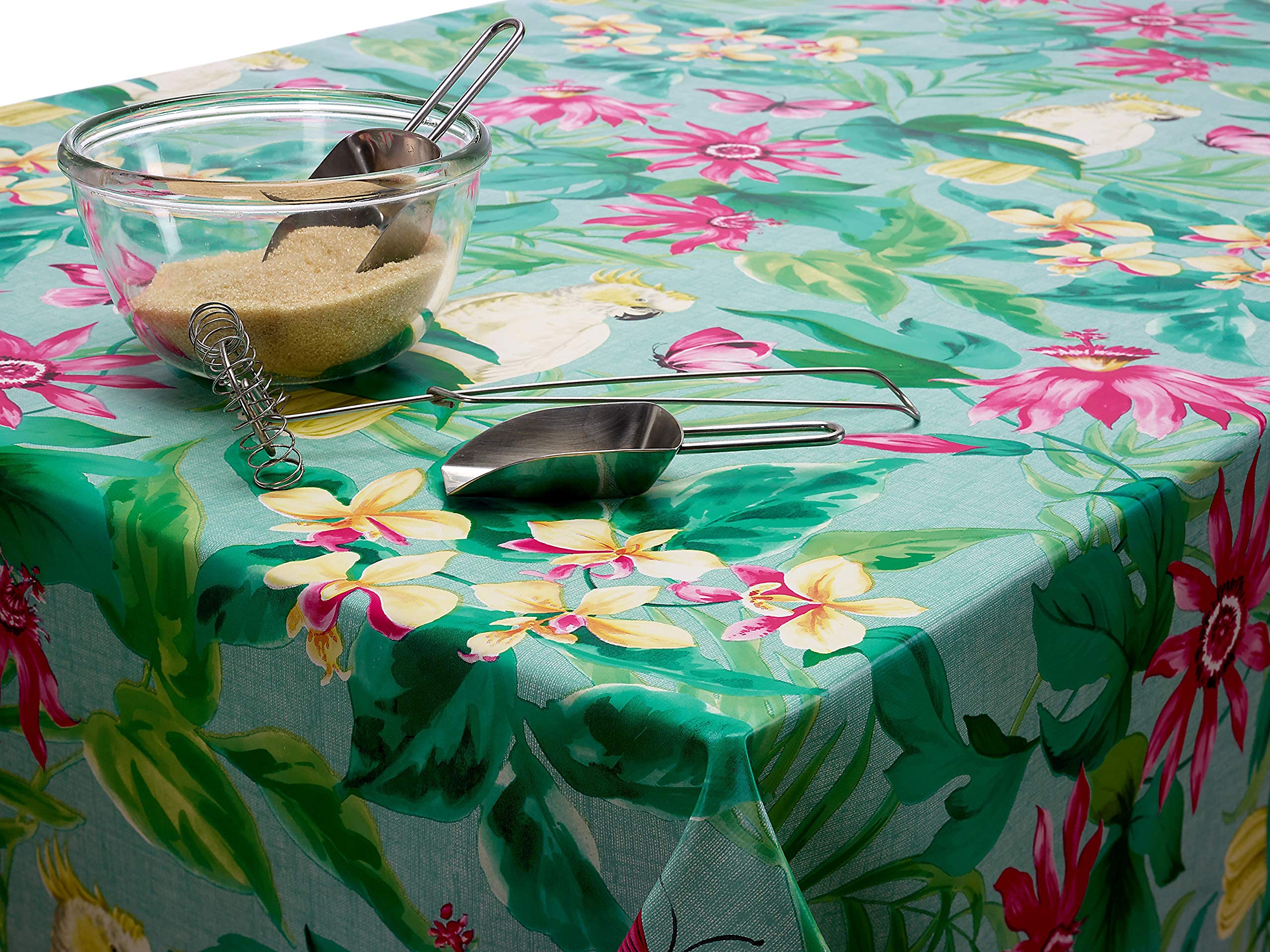 Wipe Clean Tablecloth Oilcloth PVC Vinyl Green and Pink Tropical Birds and Butterflies 140cm x 200cm Rectangle (55" x 79")