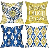 Fjfz Geometric Dahlia Flower Decorative Throw Pillow Covers 18 x 18 Set of 4, Live Laugh Love Porch Outdoor Home Decor, Yellow Blue Floral Leaves Modern Art Couch Cushion Case