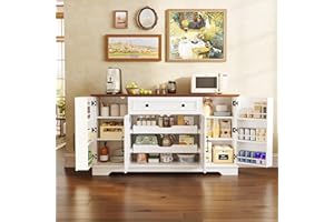 IRONCK 56” Farmhouse Sideboard Buffet Cabinet with 4 Doors and 1 Drawer, Buffet Table with Hidden Removable Drawers, 4 Adjustable Shelves, Dining Room Storage Cabinet for Kitchen or Living Room, White
