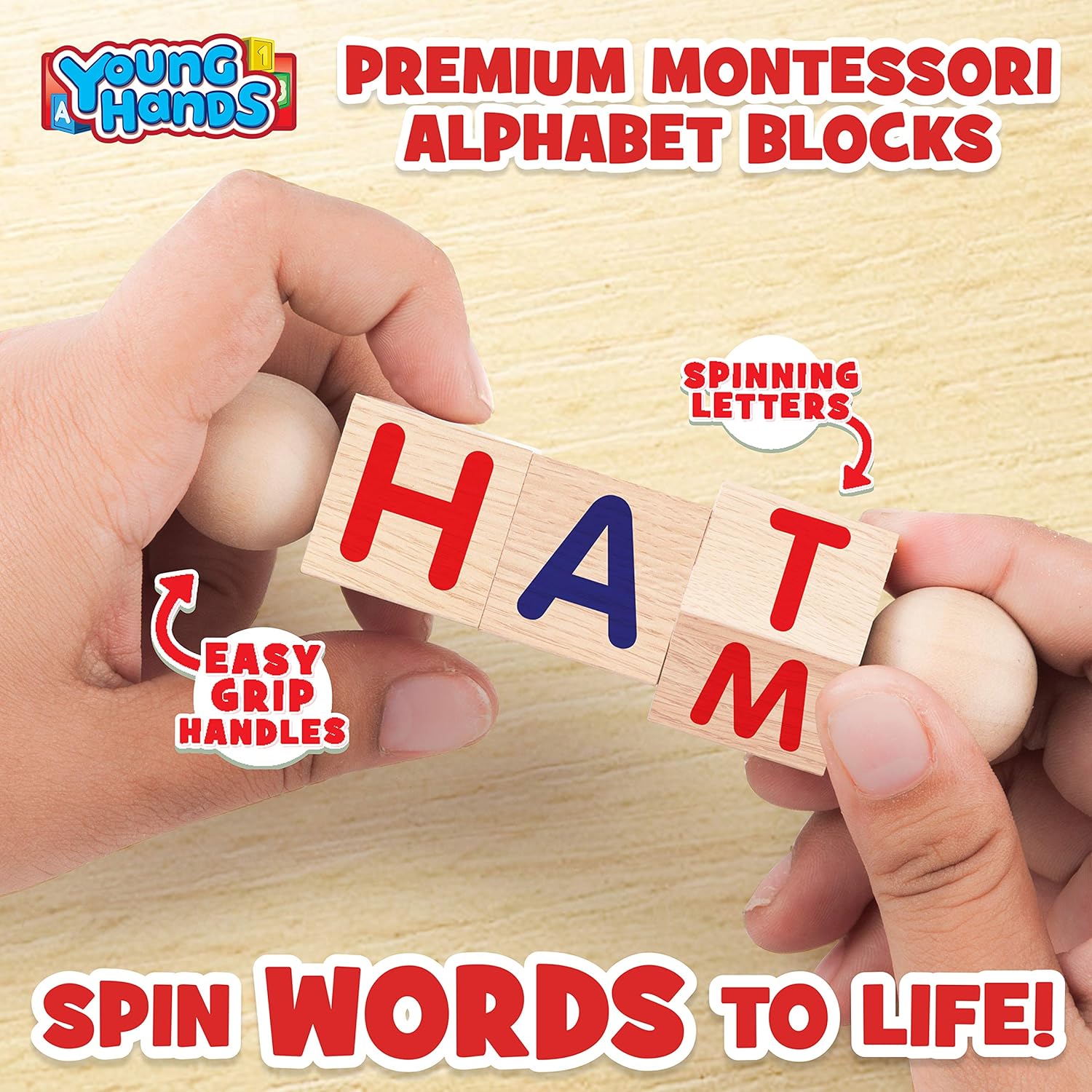 Wooden Reading Blocks | [5] Sets of Fun, Educational Spinning Alphabet Manipulative Blocks for Children w/ Easy-Grip Handles | STEM & Montessori Approved Toy for Pre-Kindergarten Boys & Girls Gift: Kitchen & Dining