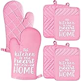GROBRO7 6Pcs Funny Oven Mitts Pot Holders The Kitchen is The Heart of The Home Heat Resistant Hot Pad Machine Washable Gloves with Hanging Loop Pocket Hot Pad for Baking Cooking Pink