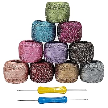 Kurtzy Colorful Glitter Thread (10 PCS) and 2 Crochet Hooks