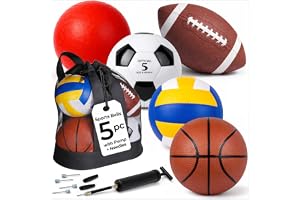 WILDARC 5 Pcs Sport Balls Set Official Size Athletic Balls Include Soccer, Football, Basketball, Volleyball, Playground Ball, Kickball Set, Ball Pump for Indoor Outdoor Game Youth Adult