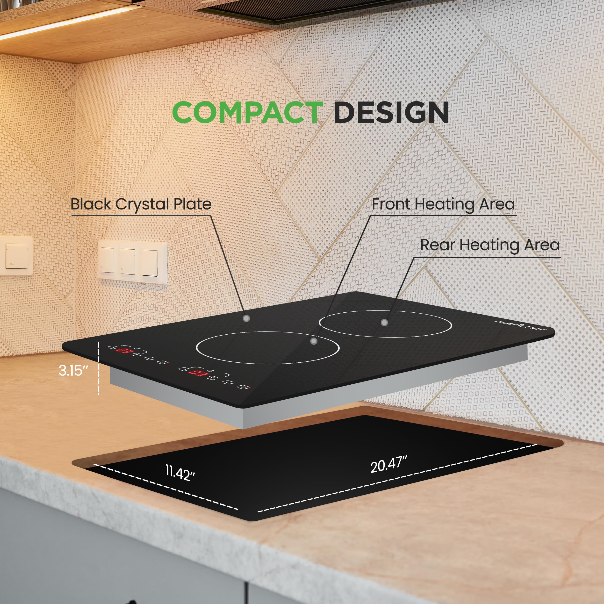 NutriChef Induction Cooktop 2 Burner, Electric Stove - Adjustable Temperature, Digital Touch Sensors, Stain-Resistant/Easy-to-Clean, Induction Hot Plate, 20 x 11 Inch - 1800 Watt