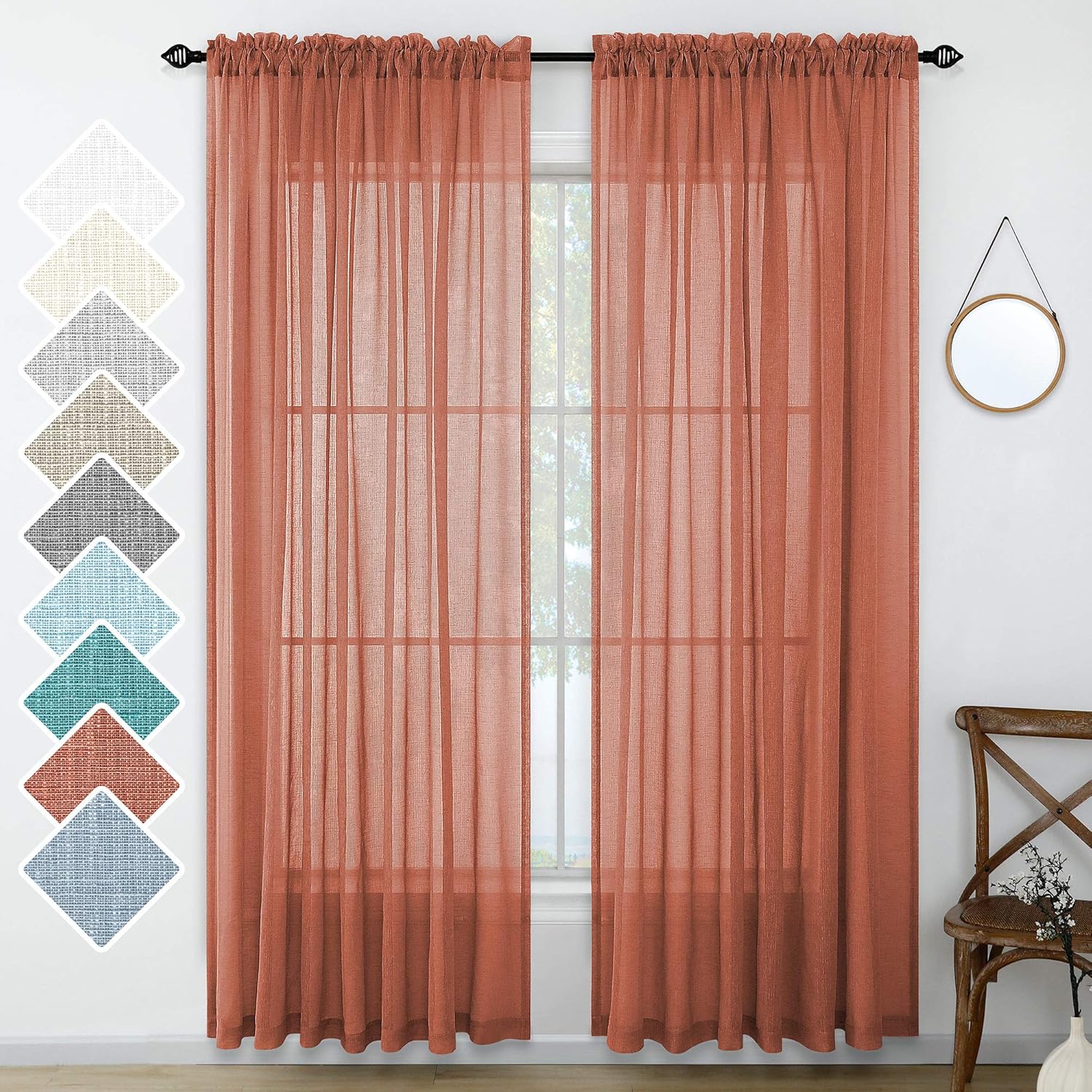 Burnt Orange Red Curtains Linen Textured for Girls Bedroom