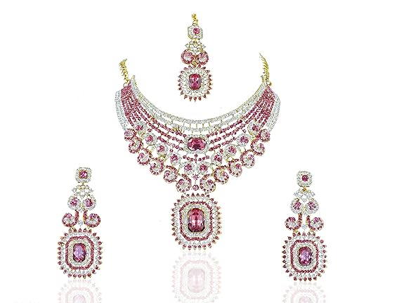Gold Plated Pink Traditional Diamond Necklace Set for Women