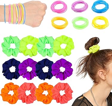 Watinc 84pcs Neon Hair Scrunchies Jelly Bracelets 80s Retro Party