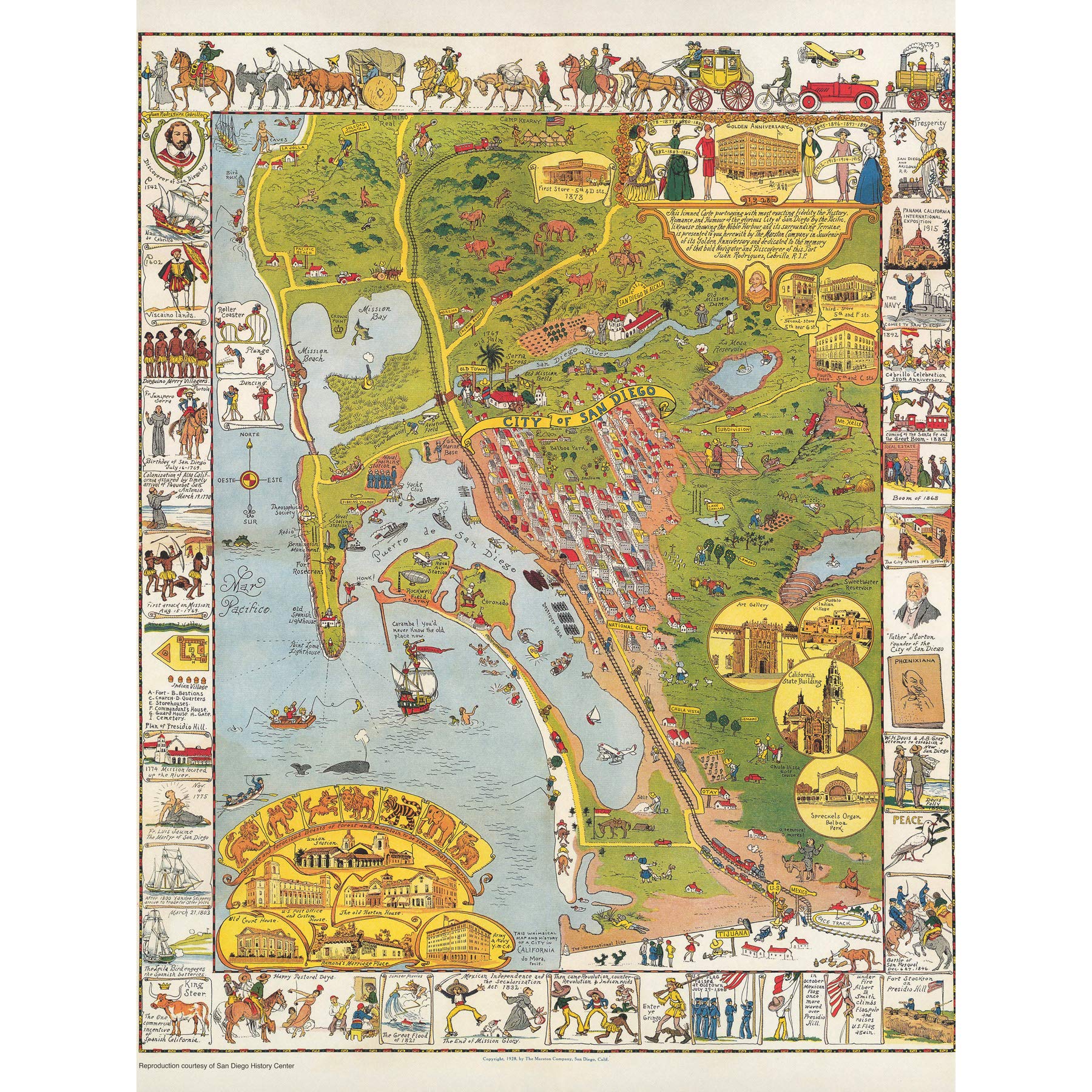 Artery8 Map Mora 1928 City San Diego California Pictorial Large Wall Art Poster Print Thick Paper 18X24 Inch