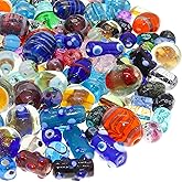 Fun-Weevz Assorted Glass Beads for Jewelry Making Adults, Bulk Glass Beads for Crafts, Lampwork Murano Bead Mix for Bracelets and Necklaces, Crafting Beads Supplies Kit, Large & Small Beads