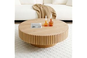 JURMALYN Round Coffee Table for Living Room Contemporary Wood Circle Fluted Coffee Table for Apartment, Easy Assembly ø31.49'', Wood Oak