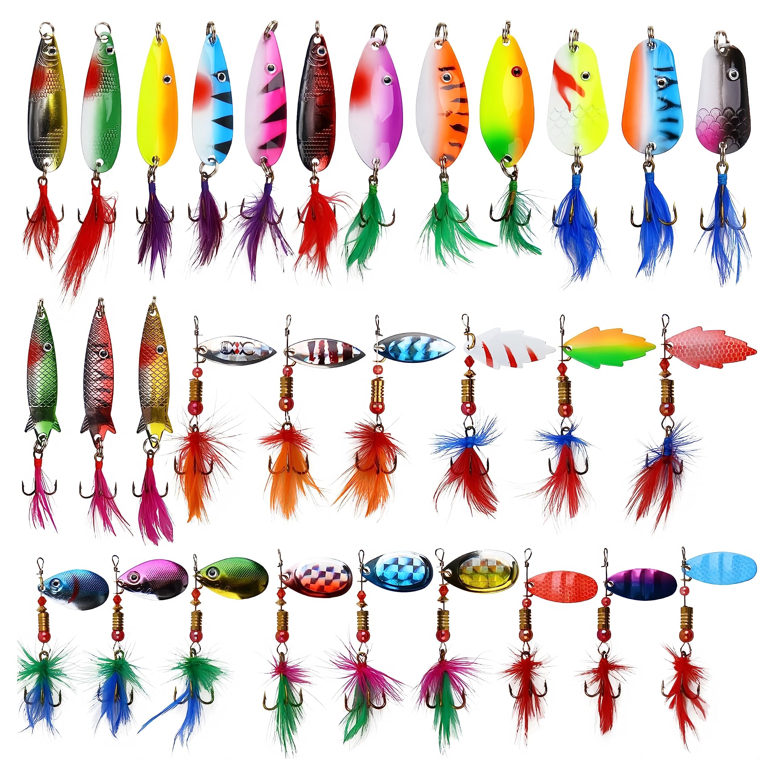 OROOTL Rooster Bait Tail Spinner Fishing Lures Kit,30pcs Metal Spoon Lures with Feathered Treble Hooks for Bass Walleye Trout Freshwater Saltwater