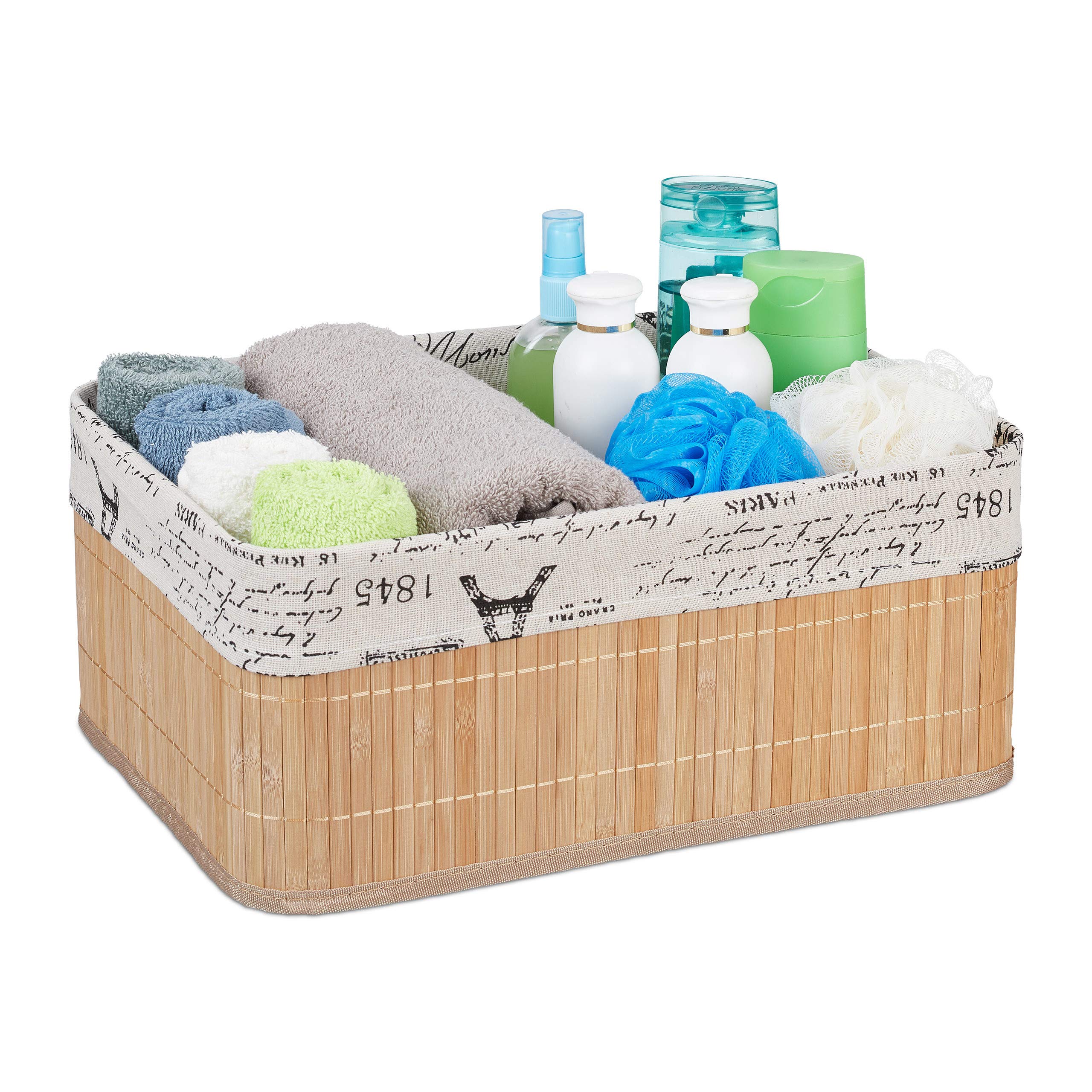 Relaxdays Storage Basket, Fabric Cover with Retro Pattern, Bamboo, Bathroom Organiser, 16.5 x 38 x 28.5 cm, Natural
