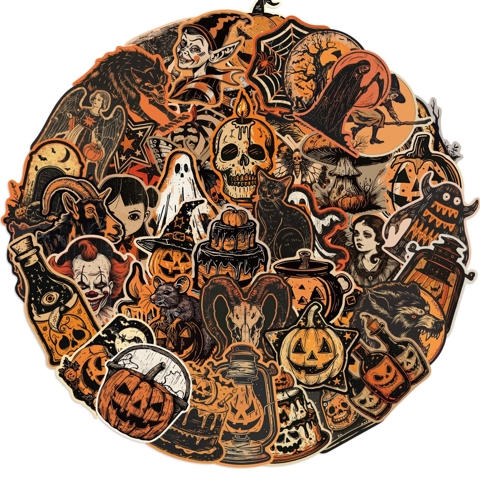50Pcs Retro Halloween Stickers Pack, Horrible Pumpkin Theme Sticker Skull Gothic Style Decals for Water Bottle,Laptop,Phone,Skateboard,Scrapbooking for Teens Adults Fans for Party Supply (Halloween)
