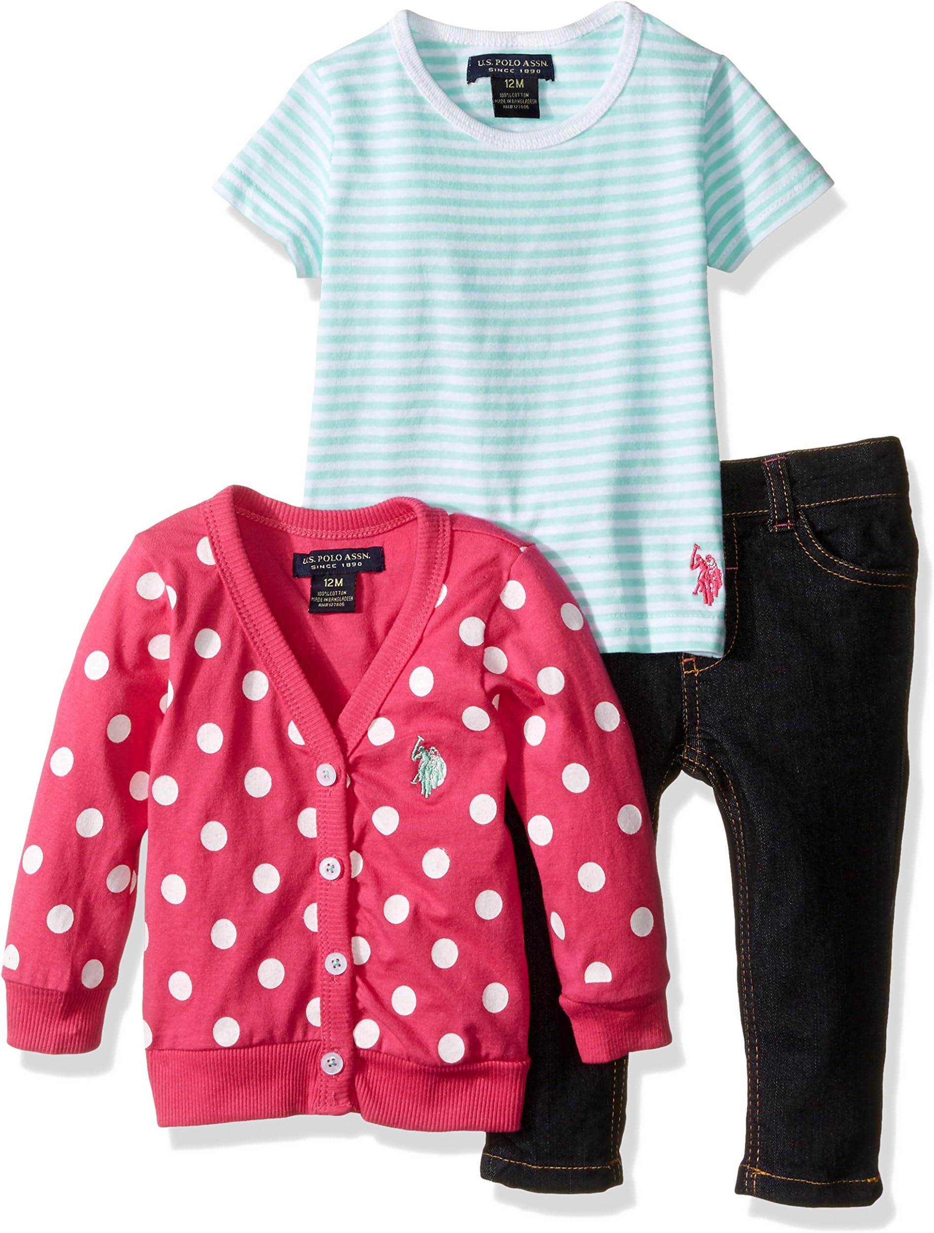 U.S. Polo Assn. Baby Girls' Polka Dot Cardigan Sweater Striped T-Shirt and Skinny Jean