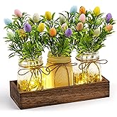 DUOER Easter Centerpiece Table Decorations for Table Runner Farmhouse Coffee Table Decor with Wood Tray and Led Light Table Centerpieces for Dining Room Kitchen Living