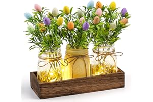 DUOER Easter Centerpiece Table Decorations for Table Runner Farmhouse Coffee Table Decor with Wood Tray and Led Light Table Centerpieces for Dining Room Kitchen Living