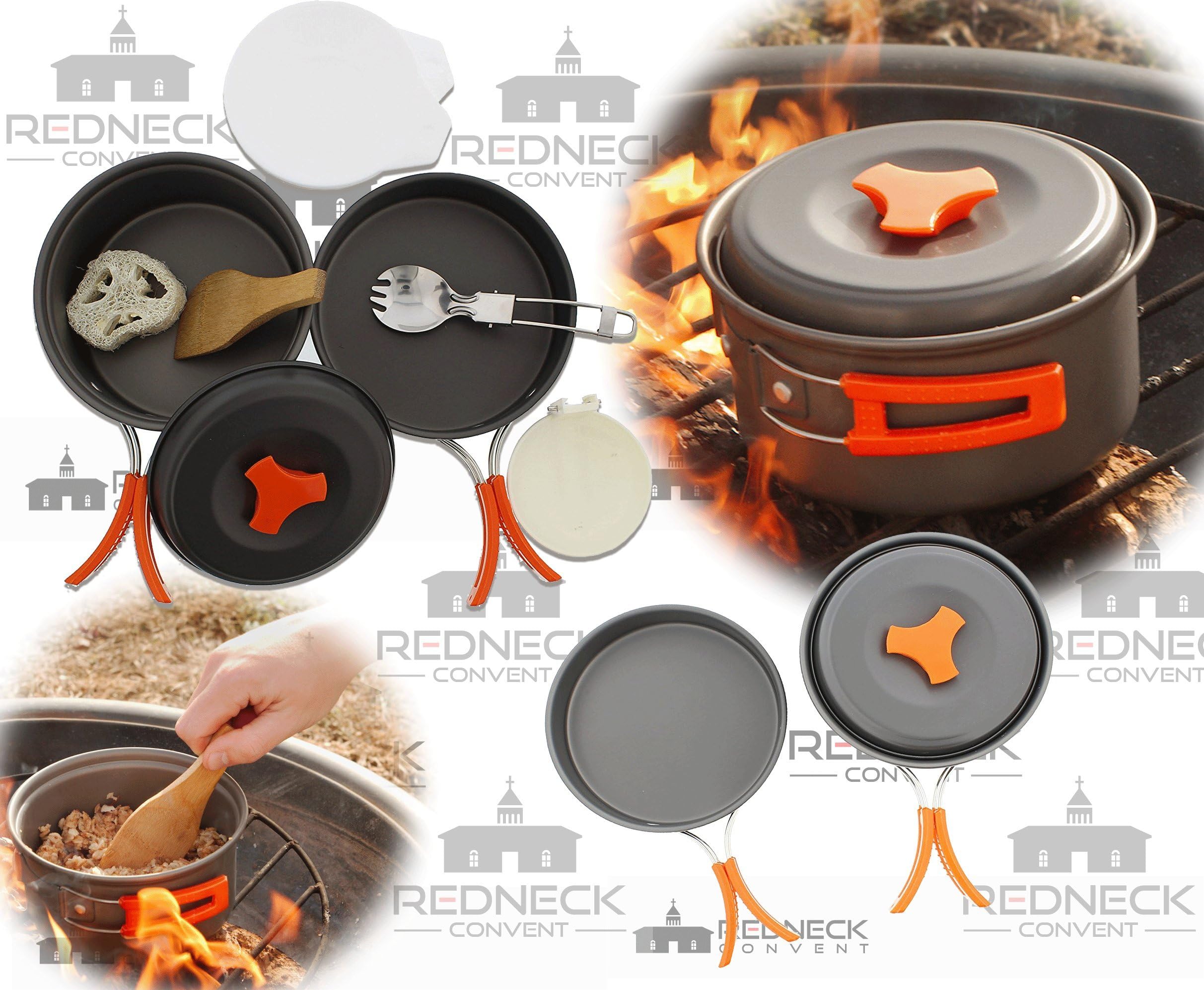 redneck convent Outdoor Camping Cookware Set of Campfire Pot, Pan, Utensils in Drawstring Bag