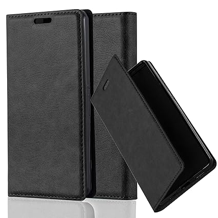 Cadorabo Hülle für Sony Xperia Z1 COMPACT - Hülle in Nacht SCHWARZ – Handyhülle mit Magnetverschluss, Standfunktion und Karte