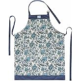 Mary DiSomma Designer Luxe Apron | Signature Floral Print Design, Navy Blue Stripe Weave, Adjustable Waist Strap, Divided Front Pocket and Adjustable Neck Strap with Gold Double Ring Clasp