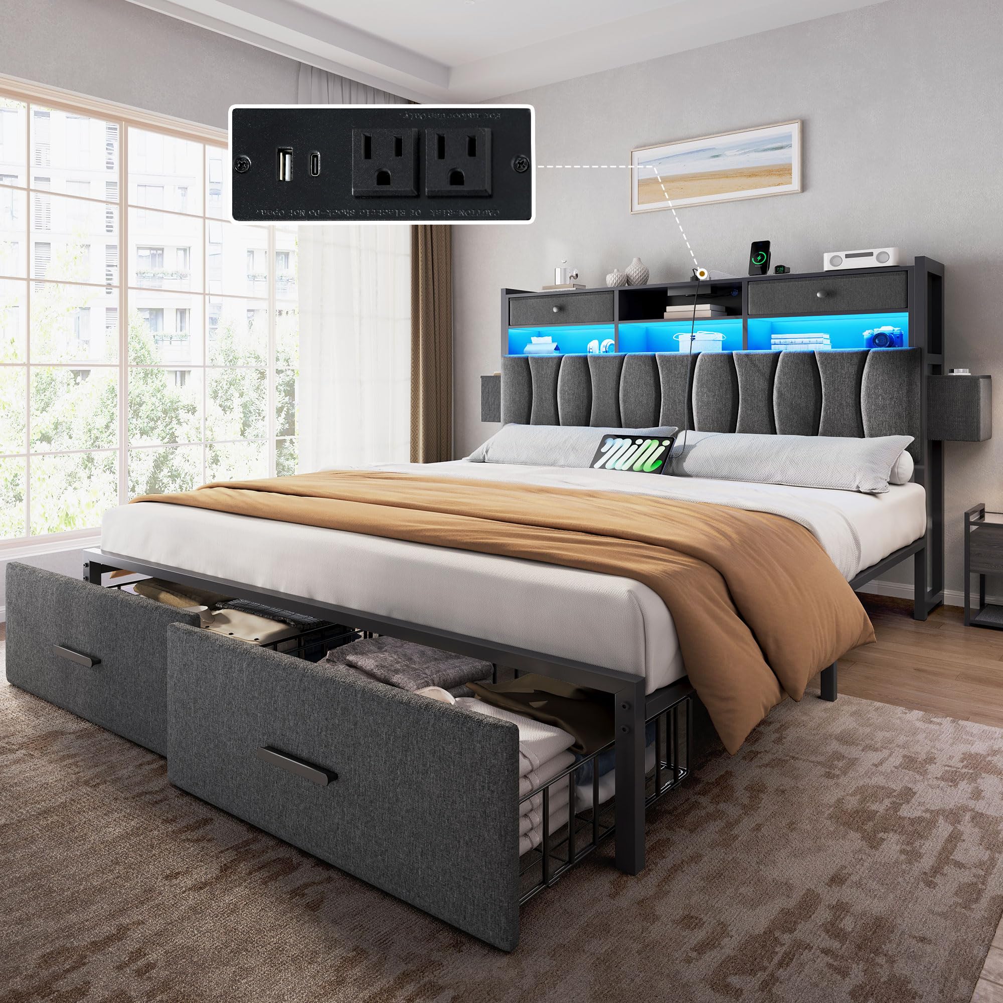 Photo 1 of YITAHOME Full Size with 2 Storage Drawers and Charging Station, Linen Upholstered Platform Bed with Storage Headboard and LED Light, Heavy Duty Metal Support, No Box Spring Needed, Noise Free, Grey