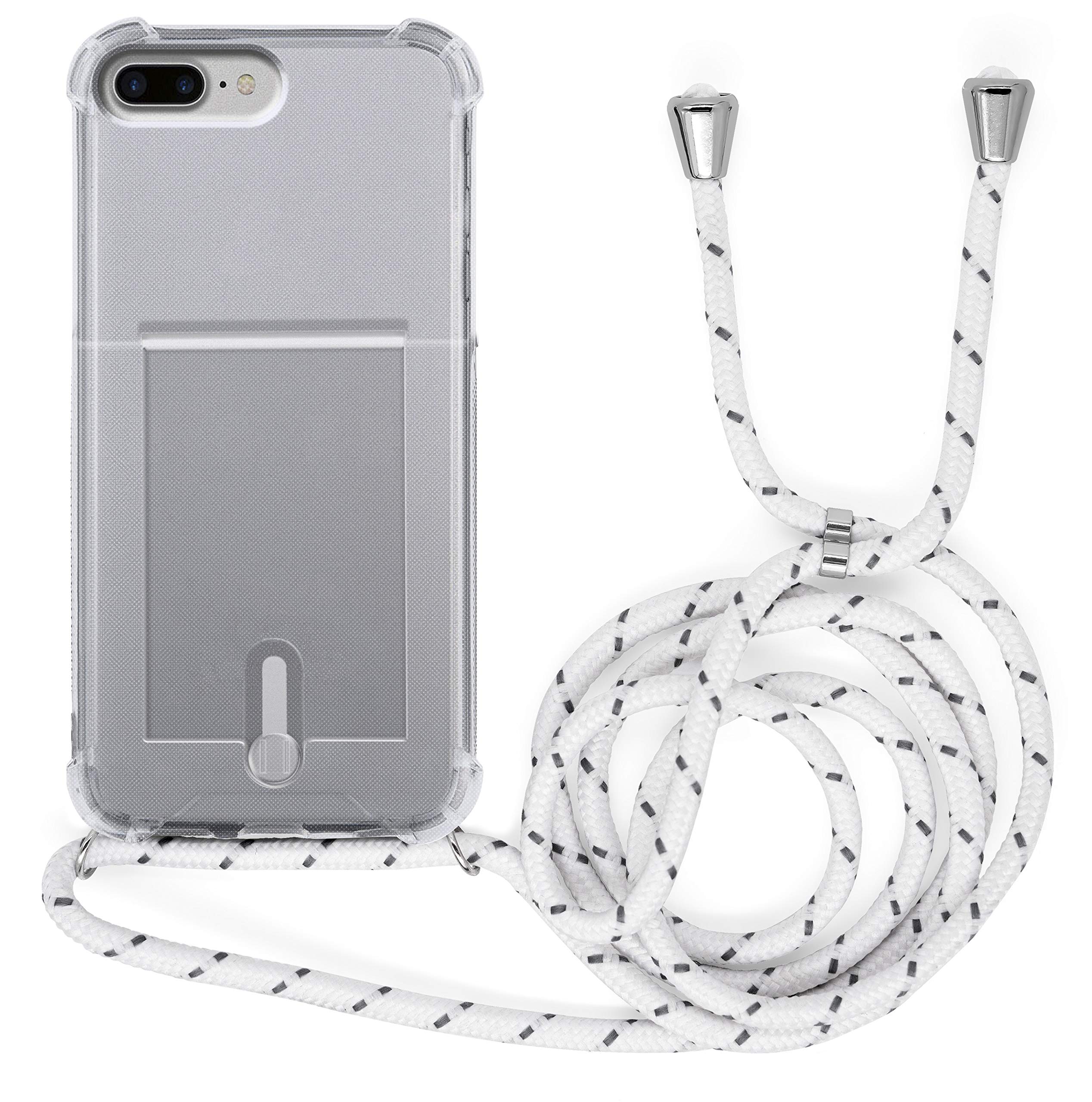 MyGadget Lanyard Case for iPhone 7 Plus | 8 Plus - Silicone Phone Cover Crossbody w| Neck Holder - Strap Carrier Protection White w| card holder
