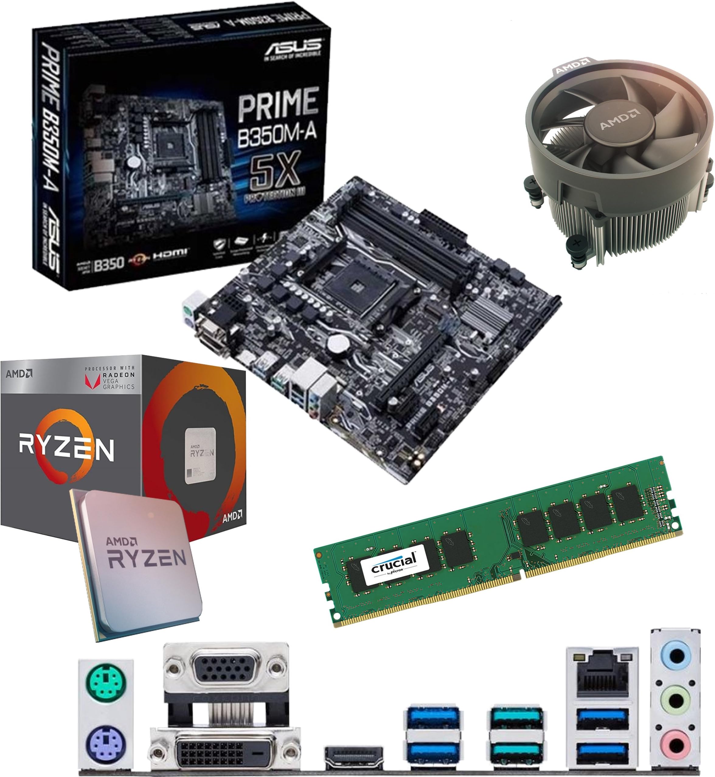 Components4All AMD Ryzen 5 2400G 3.6Ghz (Turbo 3.9Ghz) Quad Core Eight Thread CPU, ASUS Prime B350M-A Motherboard & 4GB 2400Mhz Crucial DDR4 RAM Pre-Built Bundle