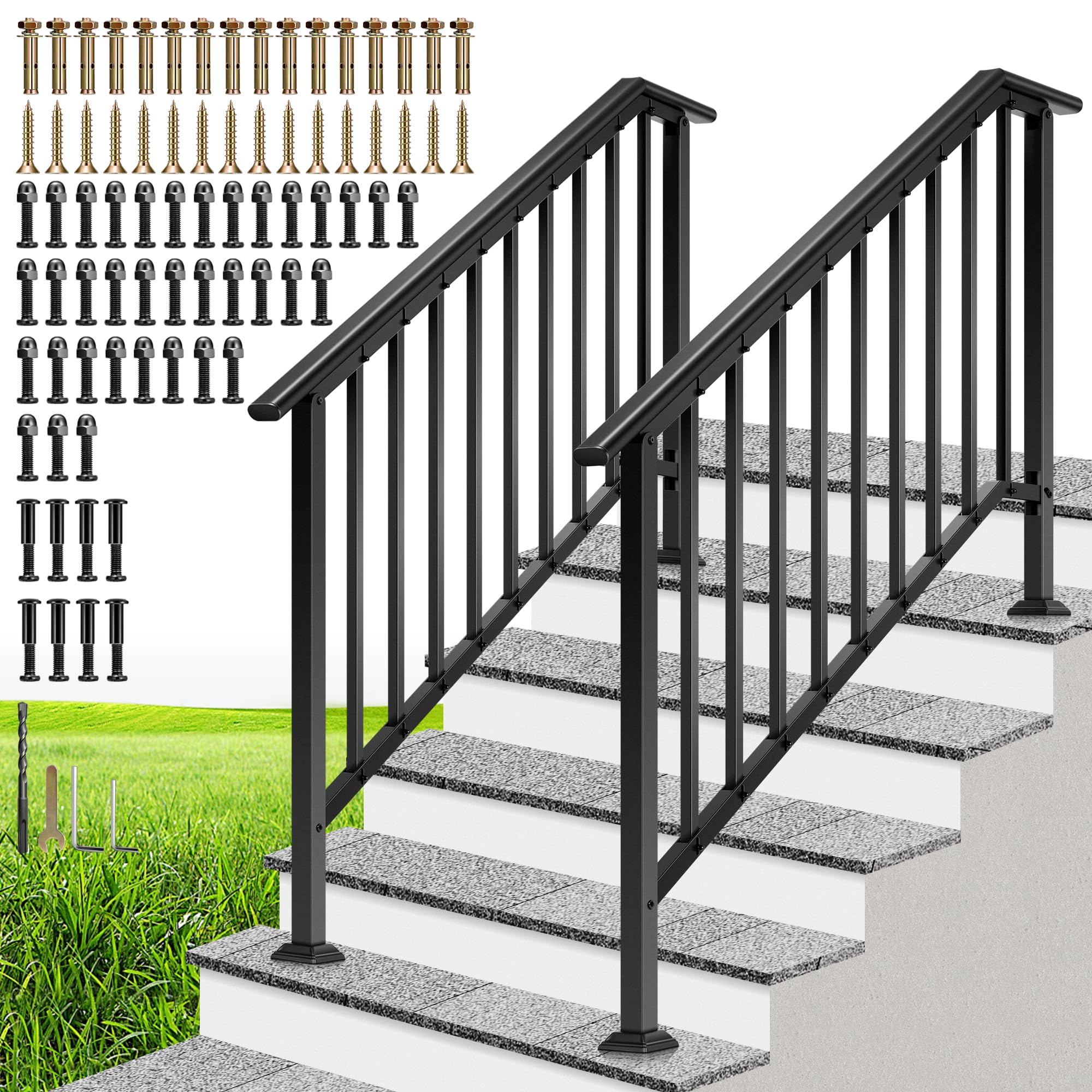 Photo 1 of VIVOHOME 2-Pack 5 Step Galvanized Steel Hand Rails for Outdoor Steps – Black Oval and Safety Balusters Exterior Railing for Porch, Deck, or Indoor Stairs