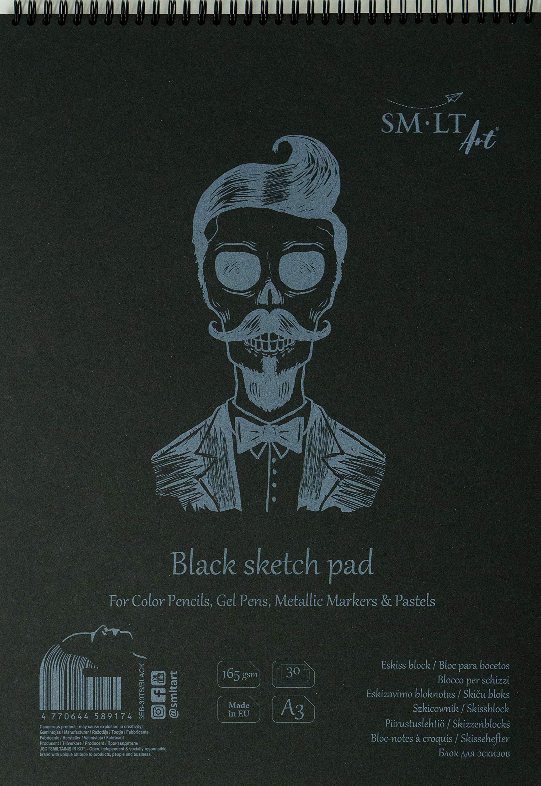 SMLT 3EB-30TS/BLACK Authentic Line A3 Sketchpad, Lightly Structured Black Paper, 165 GSM, 30 Sheets, with Perforation, Recycled Cover and Double Spiral