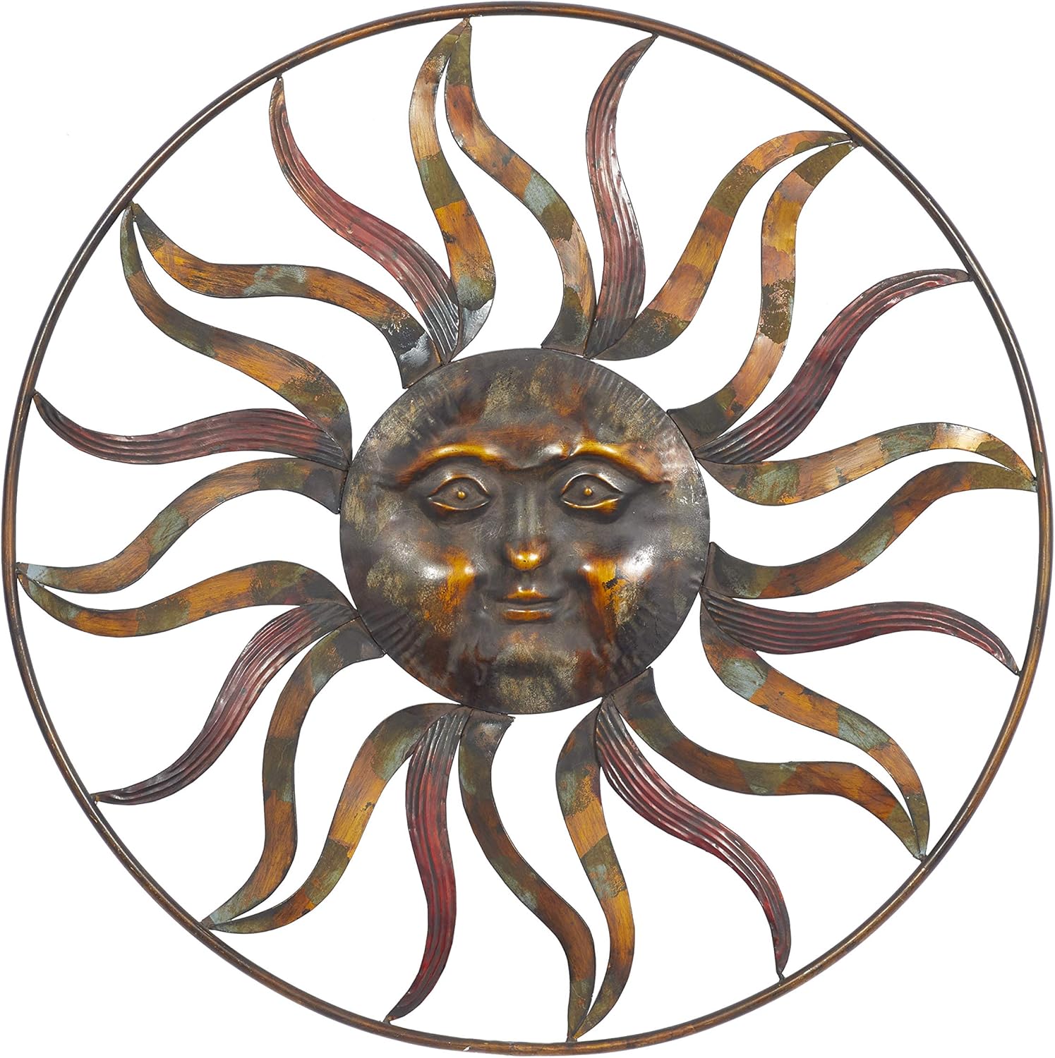 Plaques & Wall Art - Deco 79 Metal Sunburst Indoor Outdoor Wall Decor with Distressed Copper Like Finish, 36