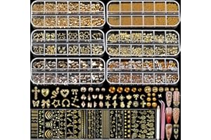 TEENITOR Teentior Nail Charms Gold Rhinestones for Nails with 15 Sheets Gold Nail Stickers, 6 Boxes Nail Gems Pearls for Nails, Cross Nail Charms for Nails Design Nail Art Rhinestones, Caviar Beads for Nails