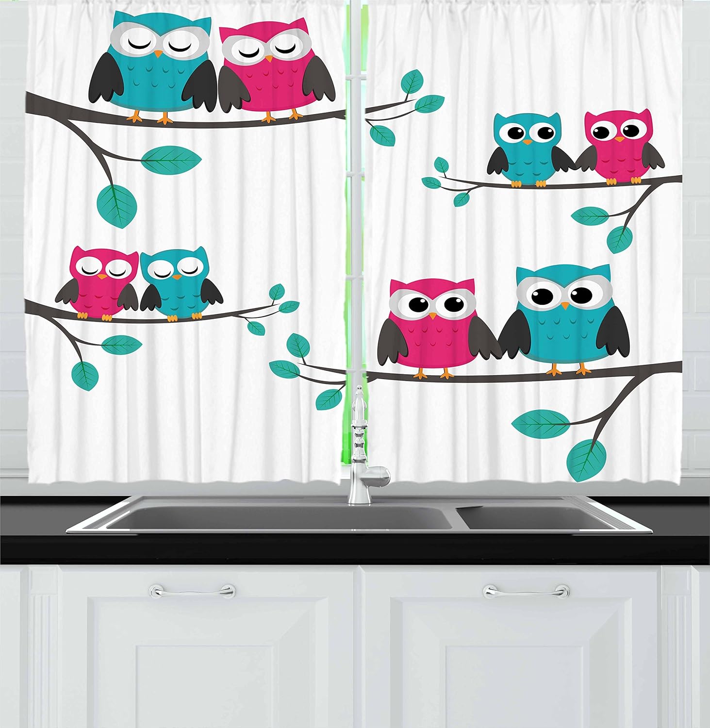 Ambesonne Nursery Kitchen Curtains, Couples of Owls Sitting on Spring Branches Cute Funny Cartoon Characters, Window Drapes 2 Panel Set for Kitchen Cafe, 55 W X 39 L inches, Turquoise Blue Pink