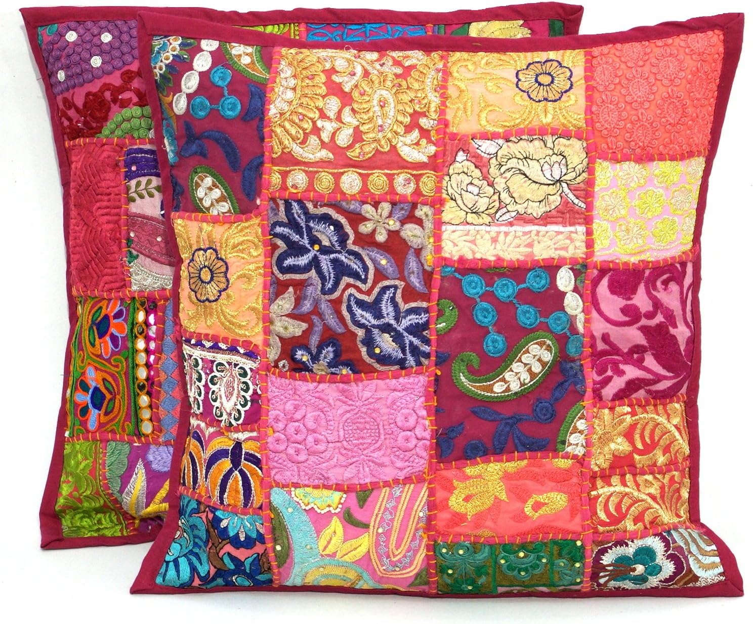 2pc Ethnic Sari Patchwork Pillow Cover , 17x17" Embroidered Cushion , Pink Indian Patchwork Cushion Pillow Sari Patch Throw Pillow
