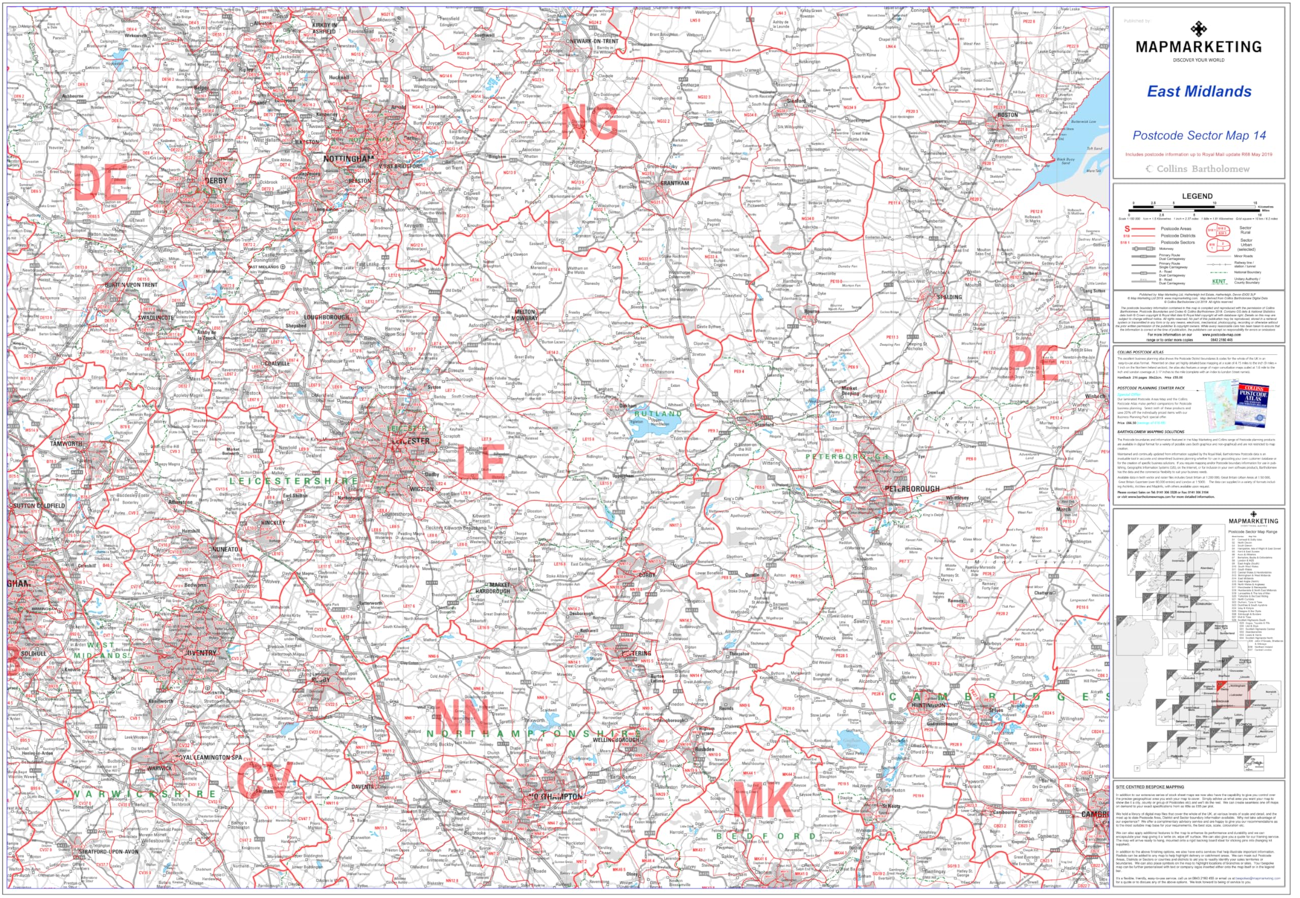 East Midlands - Postcode Sector Map 14 - Wall Map With Motorway, A' Roads, B' Roads, City Plans, Area, Size: 73 x 107 cm (29 x 42 inches) Scale: 1:150 000 (2.4 miles to 1 inch) Laminated