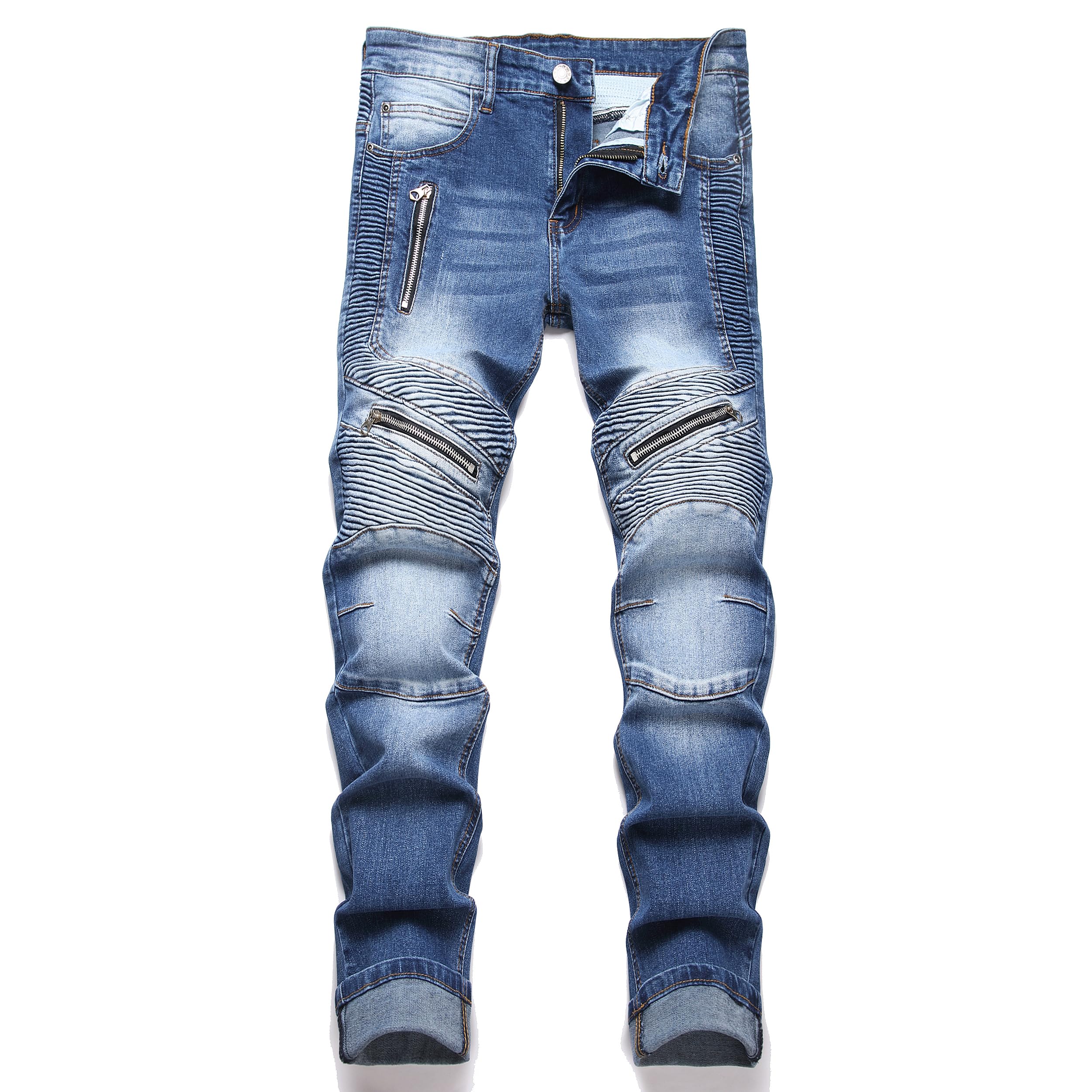 RXXKKK Men's Classic Zipper Biker Regular Fit Flex Jean (32, 012 Blue) Image