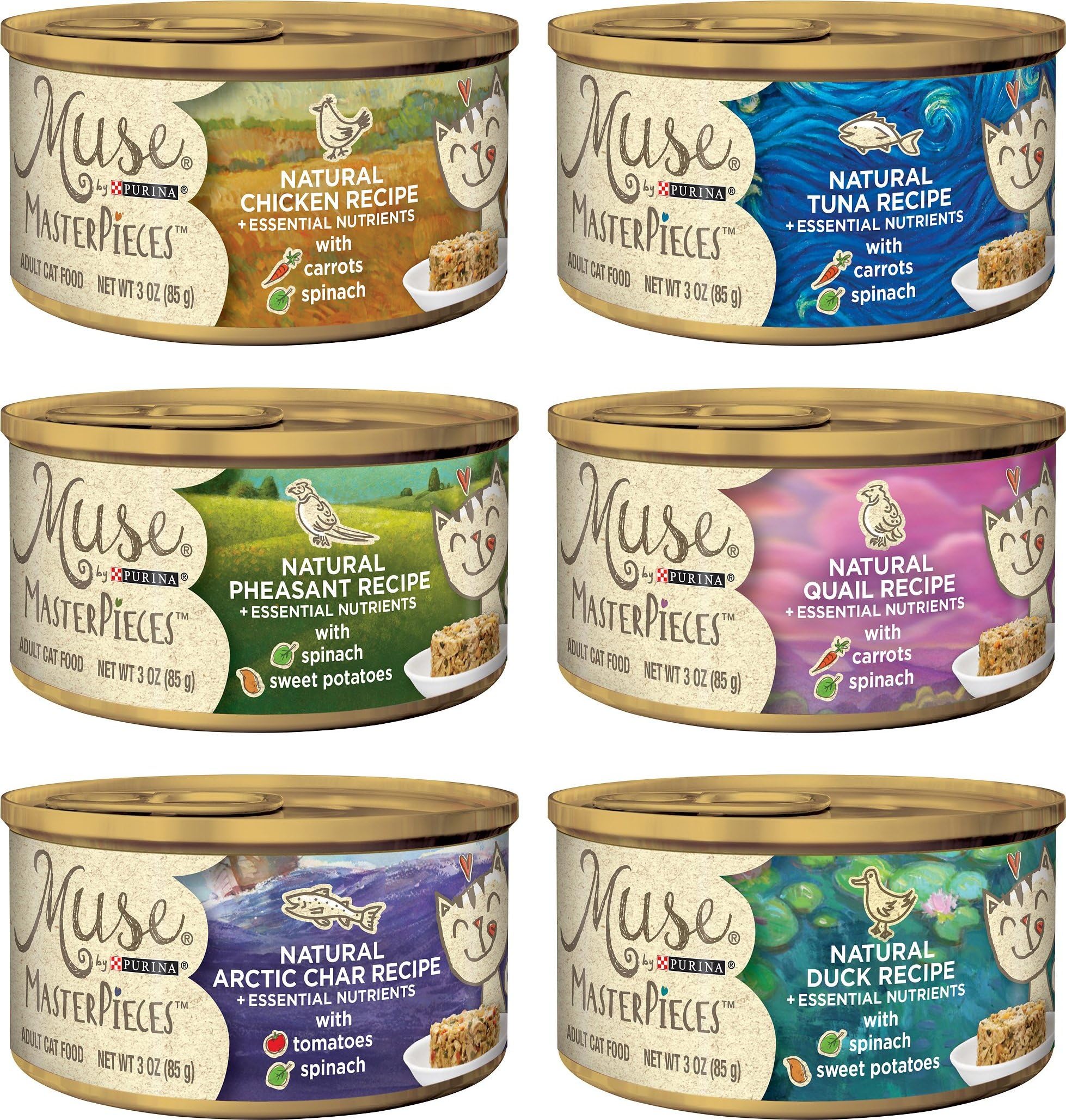 Muse MasterPieces 12 Pack Variety Bundle - 6 Flavors (Natural Chicken, Duck, Arctic Char, Pheasant, Quail, and Tuna Recipe) 3 Ounces Each