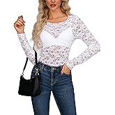 AISEW Womens Lace Floral Long Sleeve Mesh Tops Round Neck Sheer Blouse Sexy See Through Layering Top Shirts