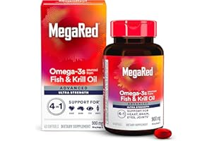 Megared Fish Oil + Krill Oil 900mg Omega 3 Supplement with EPA & DHA, Supports Heart, Brain, Joint and Eye Health, No Fishy Aftertaste - 40 Softgels (40 Servings)