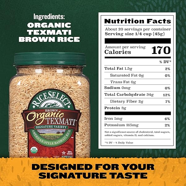 RICESELECT ORGANIC TEXMATI BROWN BASMATI RICE, PREMIUM NON-GMO GLUTEN-FREE LONG-GRAIN BROWN RICE, 32-OUNCE JAR