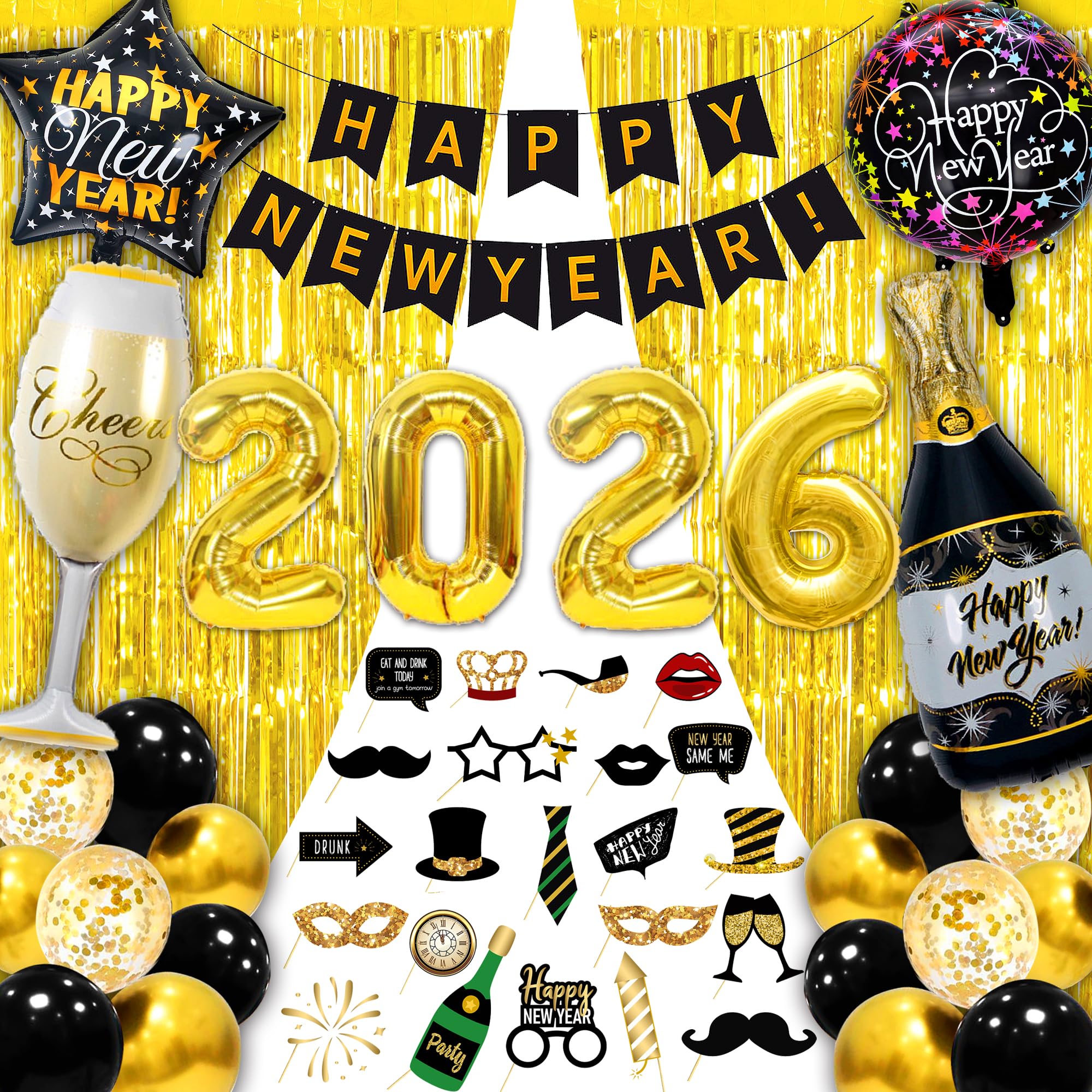 Happy New Year Decorations 2026, 48 Pcs New Years Eve Decorations 2026 (32 Inch) XXL Set, Black Gold Happy New Year Banner, Foil Latex Balloons, Gold Fringe Curtain, Photo Booth Props For Adults Kids