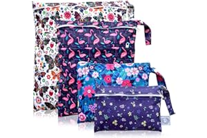 FLOCK THREE 4pcs Waterproof Wet Bag Reusable for Wet Clothes Baby Diapers Stroller Swimsuit Travel Reusable toiletries Pouch Small and Larger Electronics case 4 Pack (Flower Fantasy)
