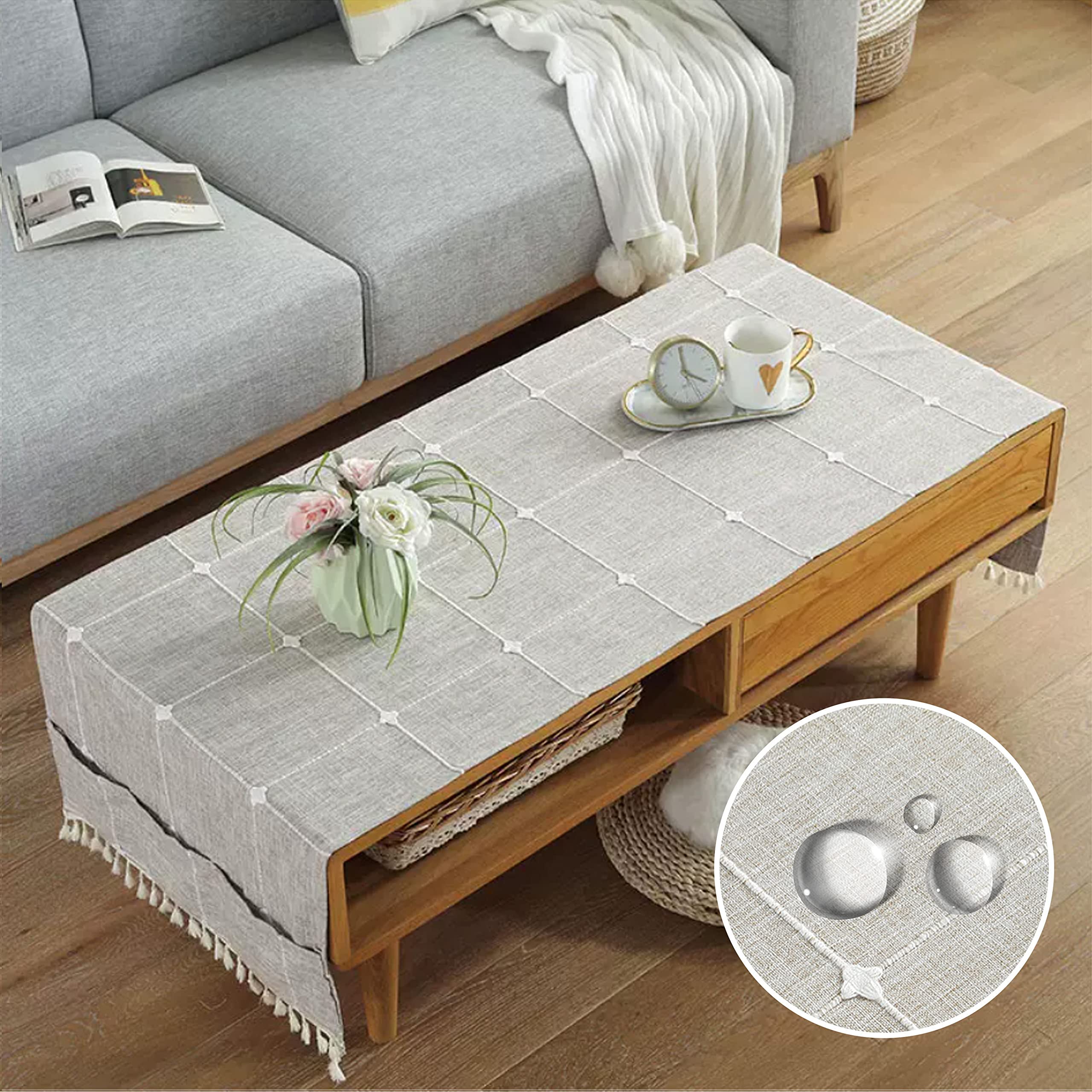 Wipe Clean Linen Coffee Tablecloth With Pockets, Rectangular Coffee Table Cover, Tea Table Cloth Washer Dryer Fridge Top Cover, Table Runner. Fits Sizes Around 50x100cm Tables-L-50x145cm(20x57inch)