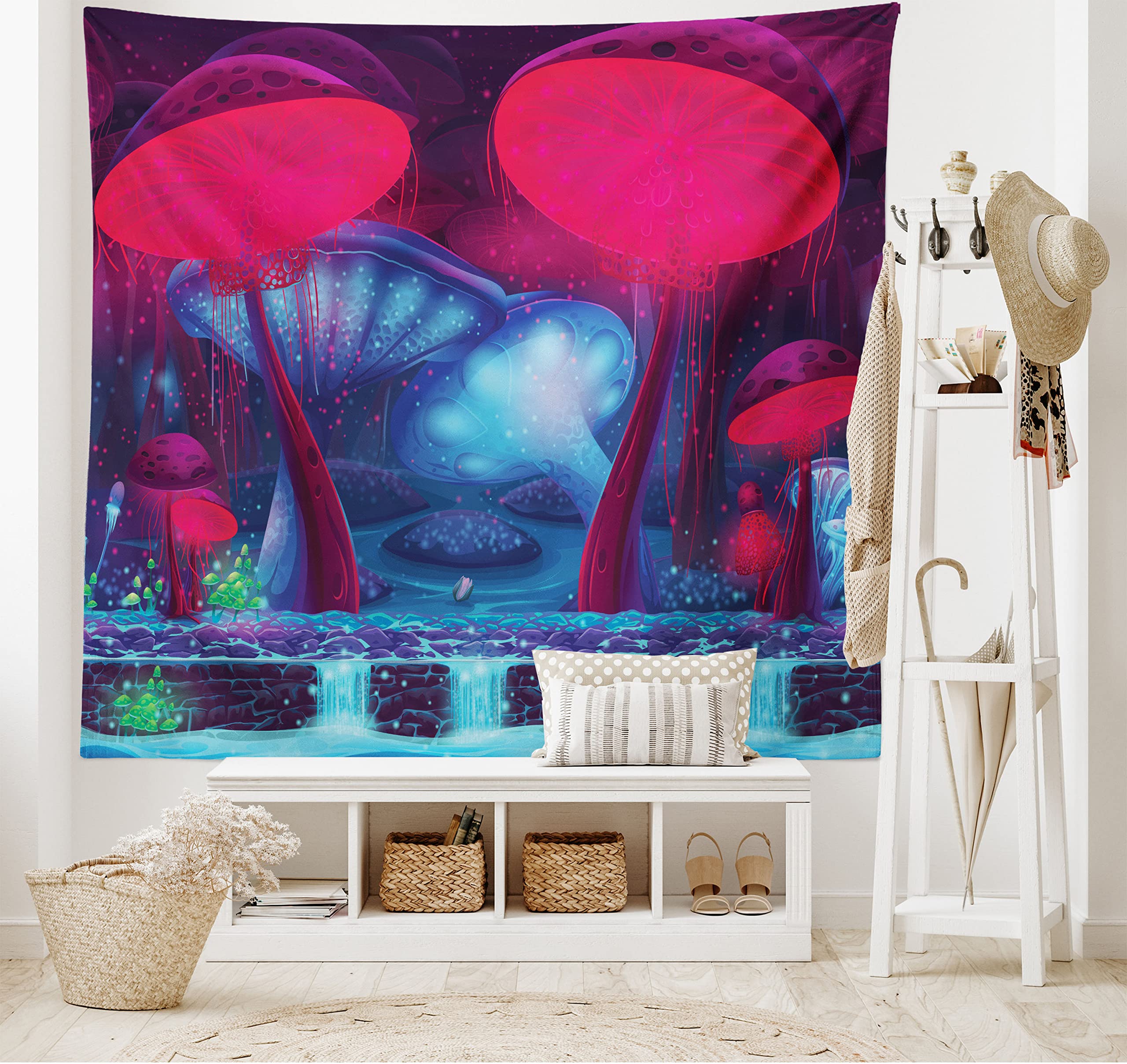 ABAKUHAUS Mushroom Tapestry, Magic Mushrooms with Vibrant Neon Design Graphic Image Enchanted Forest Theme Print, Fabric Wall Hanging Decor for Bedroom Living Room Dorm, 90 W X 54 L, Blue Red
