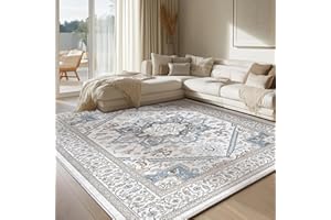 OPPODREAM Soft Neutral Area Rugs 5x7, 5x7 Washable Rug with Non Slip Backing, 5 x 7 Faux Cashmere Low-Pile Carpet, Cream White & Blue & Light Brown