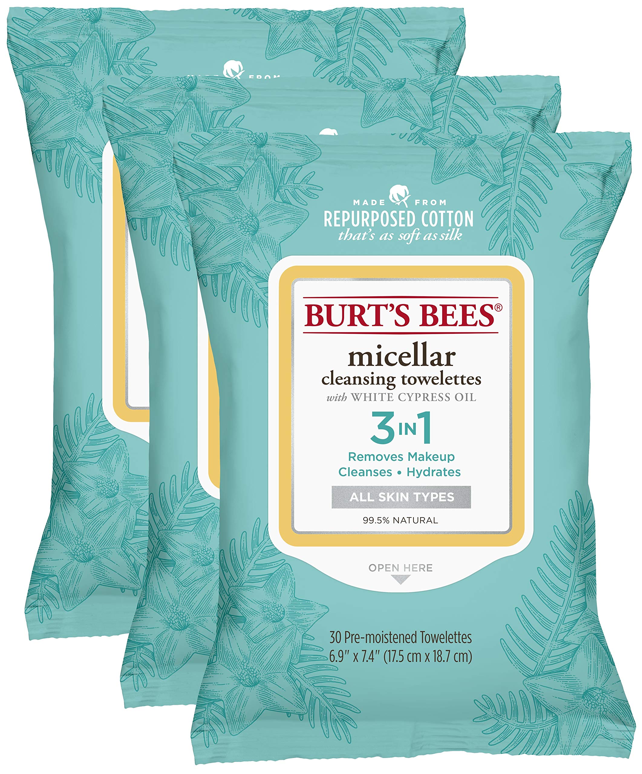Burt's Bees Micellar Cleansing Towelettes, 30 Count (Pack Of 3)- Packaging May Vary