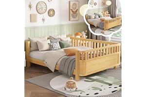 MoproBeti Full Size Bed Frame Kids with Rails, Wood Montessori Bed with Slats Support, Modern Daybed with Detachable Side Bed Rails for Boys Girls Bedroom,Low to Ground Design, Natural
