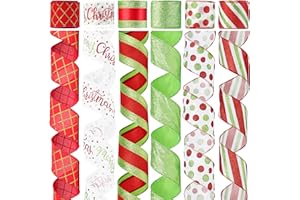 DINDOSAL Red and Lime Green Christmas Ribbon Wired 2.5" Red Green Christmas Tree Ribbon Garland Red Green Wired Ribbon for Wreaths, Topper Bows, Gift Wrapping, Crafts (6 Rolls 36 Yards)