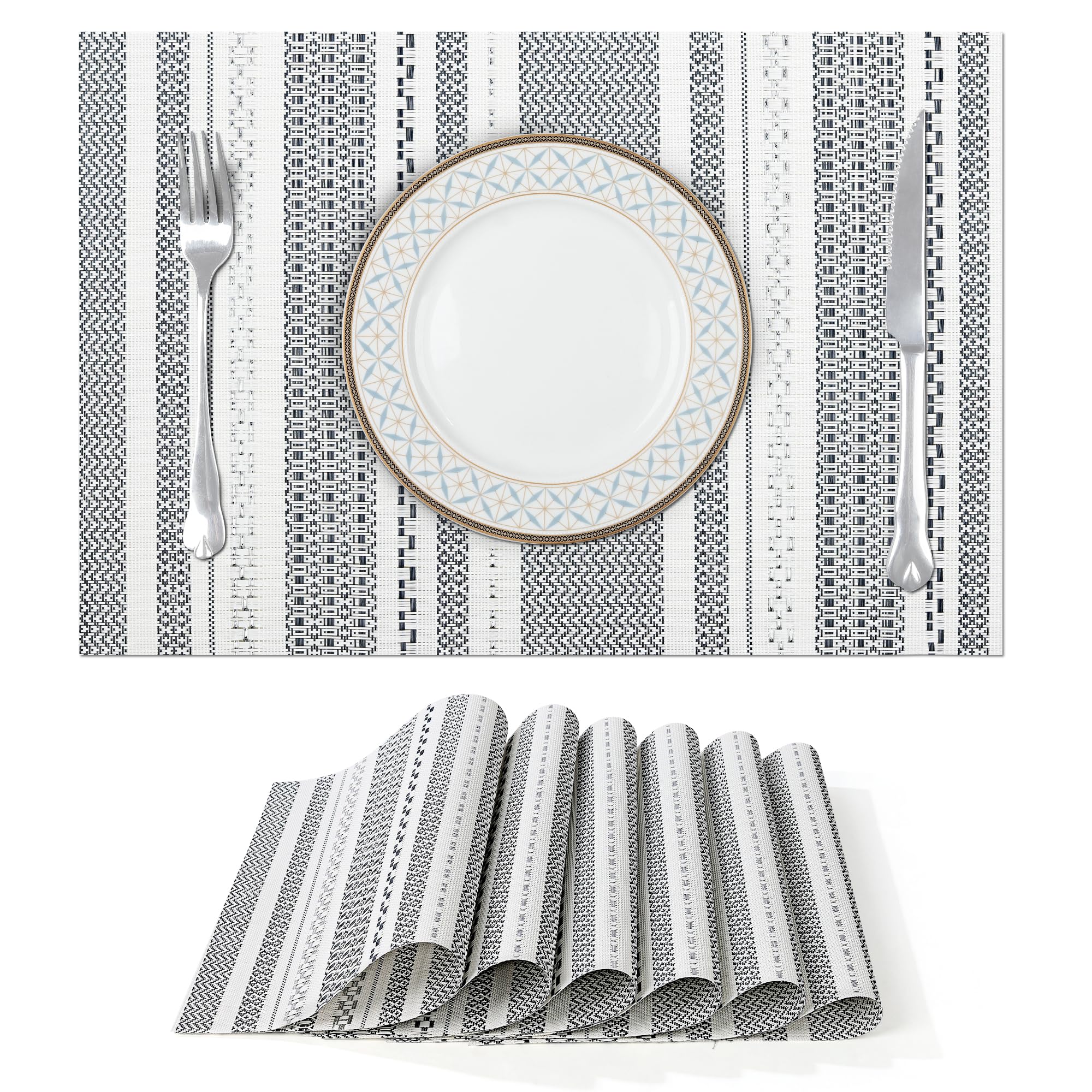 fanquare Placemats Set of 6,Rectangular Striped Woven Placemats with Silver Line, Non-slip Heat Resistant Table Mats, Place mats for Party Home Dining Table, 45cm x 30 cm