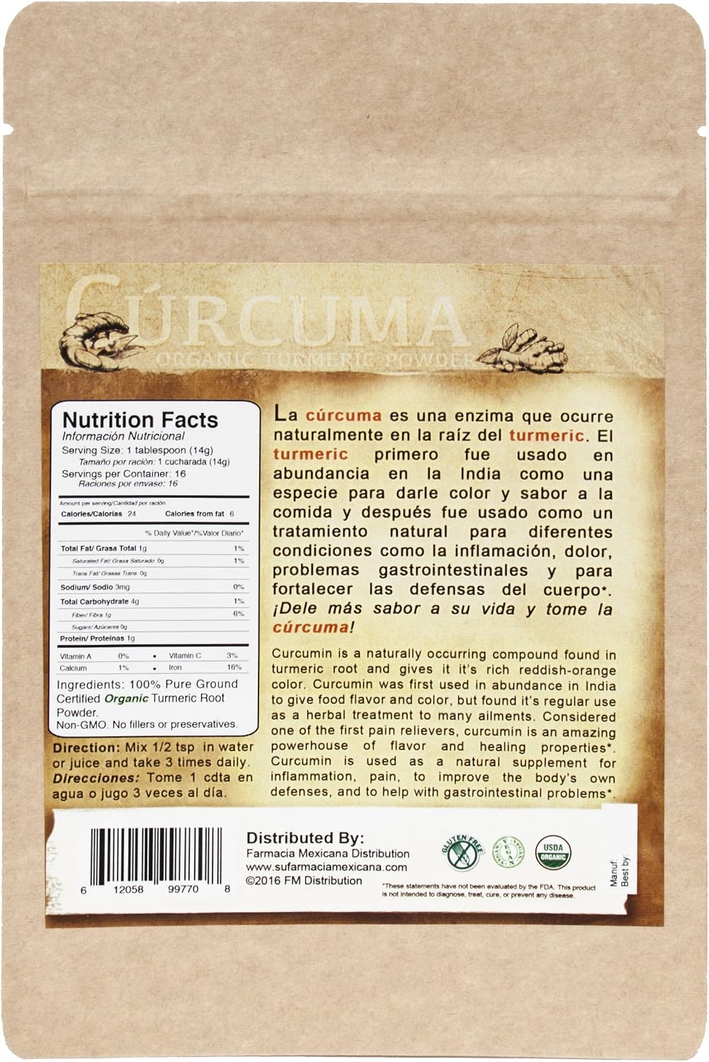 Curcuma Longa Certified Organic Powder From India 100 Pure Organic 8 Oz Resealable Pouch
