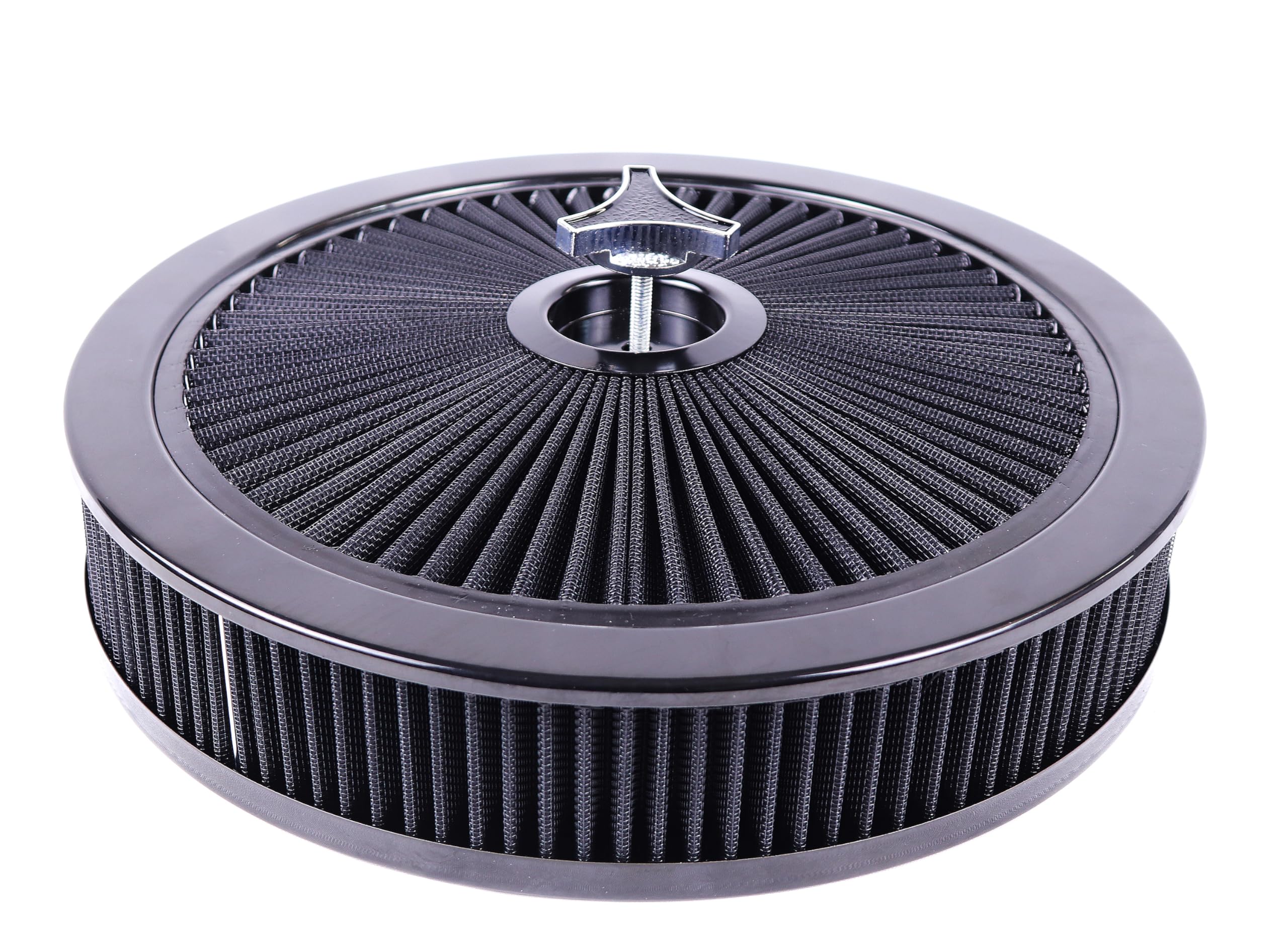 Photo 1 of JGhyperX Round 14"x3" Air Cleaner Filter Assembly Kit Compatible with GMC Chevy Ford Chryler Dodge V8 Black 5-1/8" Carb Neck w/Flow-Thru Lid High Flow Chrome 4330ABK