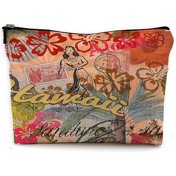 Retro Make-up-Tasche „Groovy Hawaii Aloha Surf Girl“ – 19,1x25,4 Cm, Aus Leinen, Perfekt Für Strandliebhaber & Surfer
